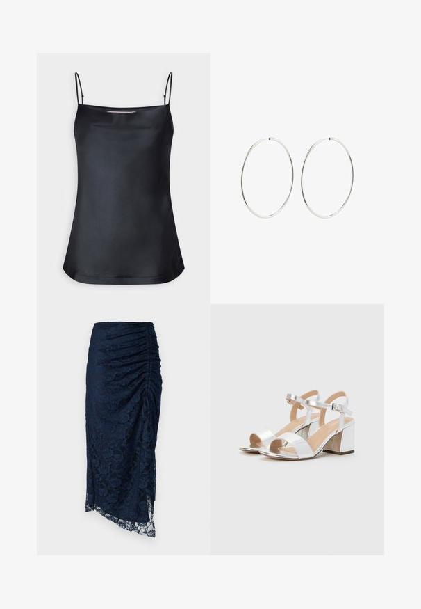 Juoda kamizola su cowl stiliumi ir plonais reguliuojamais petnešomis. Savybės: lygi medžiaga, laisvas siluetas ir paprastas dizainas be papuošimų.; Tamsiai mėlyna nėriniuota midi sijonas su susiraukšlėjimu, asimetrine apatine dalimi ir gėlių raštais, turintis permatomą tekstūrą apačioje.; Sidabrinės aukštakulnės šlepetės su atviromis pirštinėmis, turinčios dvi plačias juostas ir suapvalintą bloko kulną. Lygus paviršius su metalizuotu apdaila.; Sidabriniai auskarai-žiedai su lygiu, apvaliu dizainu ir blizgiu paviršiumi. Jie yra ploni ir lengvi, turintys paprastą užsegimą.