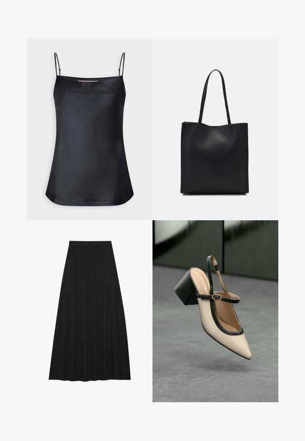 Black camisole with a cowl neckline and thin adjustable straps. Features smooth fabric, relaxed fit, and a simple design without embellishments.; Black maxi skirt made of soft, flowing fabric. It features an elastic waist and a full, A-line silhouette with a smooth texture.; Beige pointed-toe slingback shoe with black trim, gold buckle, and a chunky block heel on gray floor with dark green background.; Black leather tote bag with smooth texture, rectangular shape, and two long handles. No visible hardware or embellishments.