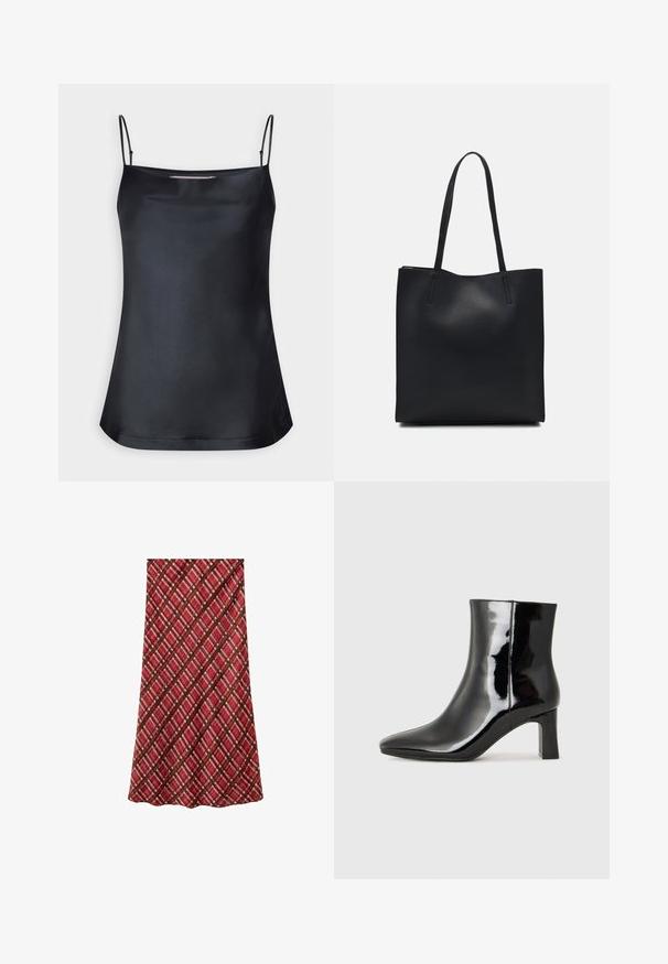 Black camisole with a cowl neckline and thin adjustable straps. Features smooth fabric, relaxed fit, and a simple design without embellishments.; Mango A-line skirt - bordeaux; Black patent leather ankle boot with a pointed toe and a mid-height block heel. Smooth texture and minimalist design.; Black leather tote bag with smooth texture, rectangular shape, and two long handles. No visible hardware or embellishments.