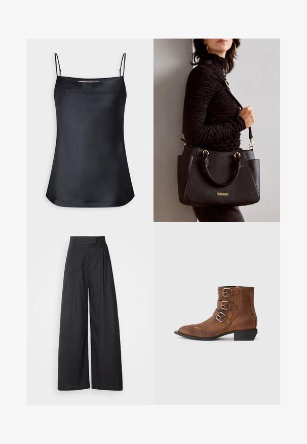 Black camisole with a cowl neckline and thin adjustable straps. Features smooth fabric, relaxed fit, and a simple design without embellishments.; Dark, wide-leg trousers with a structured waistband and pleats. Made of lightweight fabric, featuring a smooth texture and no visible patterns.; Brown leather ankle boots featuring three silver buckles, pointed toe, and decorative stitching along the sides. Low block heel.; Black handbag with textured surface, dual top handles, and adjustable shoulder strap. Features gold-tone hardware and side pockets.
