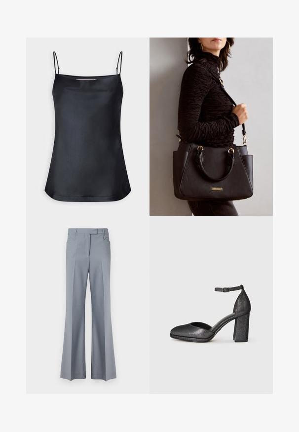 Črna majica s podebljanim ovratnikom in tankimi nastavljivimi naramnicami. Ima gladko tkanino, sproščen kroj in preprost dizajn brez okrasja.; Široke svetlo sive hlače s krojem po meri, vključujejo pas, dva stranska žepa in zaveliko pregibne detajle spredaj.; Črne teksturirane čevlje s peto in okroglo konico, s trakcem okoli gležnja ter blok peto. Material ima rahlo sijaj in gladek finiš.; Črna torbica z teksturirano površino, z dvema zgornjima ročajema in nastavljivim ramenskim pasom. Ima zlatovrateče dodatke in stranske žepe.