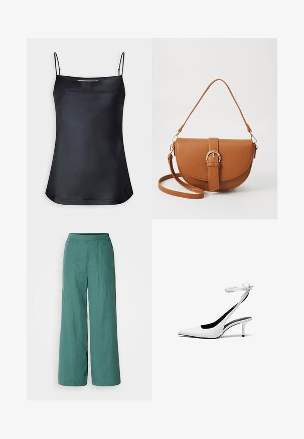 Čierny top s volánovým výstrihom a tenkými nastaviteľnými ramienkami. Obsahuje hladkú látku, voľný strih a jednoduchý dizajn bez ozdôb.; Dlhé nohavice so širokými nohavicami v jednoliatej tealovej farbe, s elastickým pásom a ľahkou, textúrovanou tkaninou. Vhodné na neformálne nosenie.; Biele lodičky s ostrou špičkou a otvorenou pätou, s tenkým remienkom okolo členku. Hladká kožená látka, tenký ihlový podpätok a čierne vnútorné podšívenie.; Hnedá kožená kabelka cez telo s zakriveným tvarom, zlatými kovovými doplnkami a akcentom s prackou. Obsahuje odnímateľný ramenný popruh.