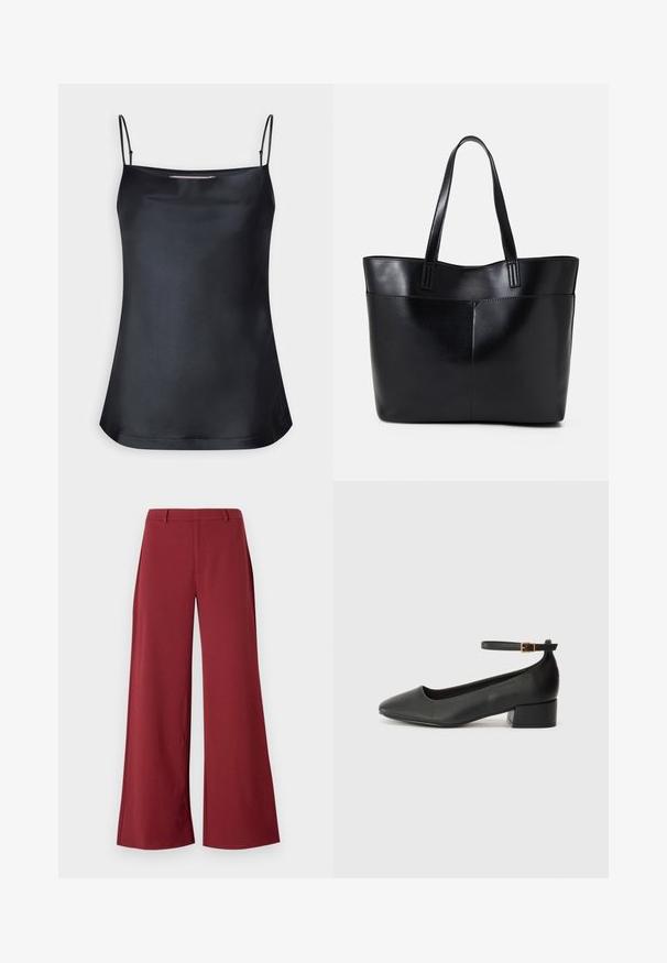 Fekete felső, cseppnyakú, vékony állítható pántokkal. Simább anyagú, laza szabású, egyszerű design, díszítések nélkül.; Bő szabású nadrág mély bordó színben. Simára nyújtható anyagból készült, igényes varratokkal és elöl cipzárral.; Fekete bőr magassarkú cipő hegyes orral és alacsony tömb sarkal. Bokapánttal rendelkezik, aranyszínű csattal. Simább textúra.; Fekete bőr bevásárlótáska két hosszú fogantyúval, sima felülettel és strukturált formával. Elülső zseb található rajta a plusz tárolás érdekében.