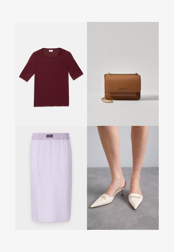 Cămașă scurtă de culoare roșie închisă, cu guler rotund, așezată plat pe un fundal alb.; Fustă lila cu talie elastică, până la genunchi, textură netedă și fără modele sau accente vizibile. Logo-ul brandului pe talia elastică.; Pantofi cu toc slingback, de culoare crem, cu vârf ascuțit și toc subțire de înălțime medie, având un detaliu din lanț aurit pe partea superioară și o textură din piele netedă.; Geantă crossbody din piele texturată maro, cu curea din lanț aurit și închidere cu clapetă. Partea din față prezintă detalii cu logo și o buzunar sub clapetă.