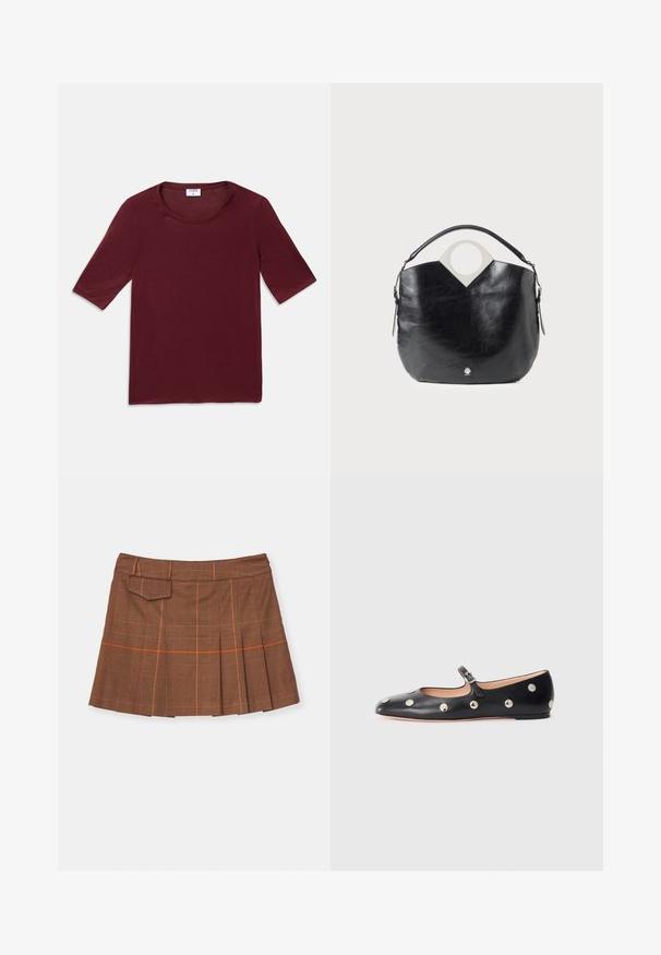 Solid dark red short-sleeve shirt with a round neckline, laid flat on a white background.; Brown plaid skirt featuring a pleated design, orange accents, and a side pocket. Made of textured material with a fitted waist.; Black leather Mary Jane flat shoe with a rounded toe, featuring silver circular studs and an adjustable strap with a buckle.; Black leather bag with a curved shape, circular top handle, and silver logo detail. Smooth texture and notable cut-out design feature.
