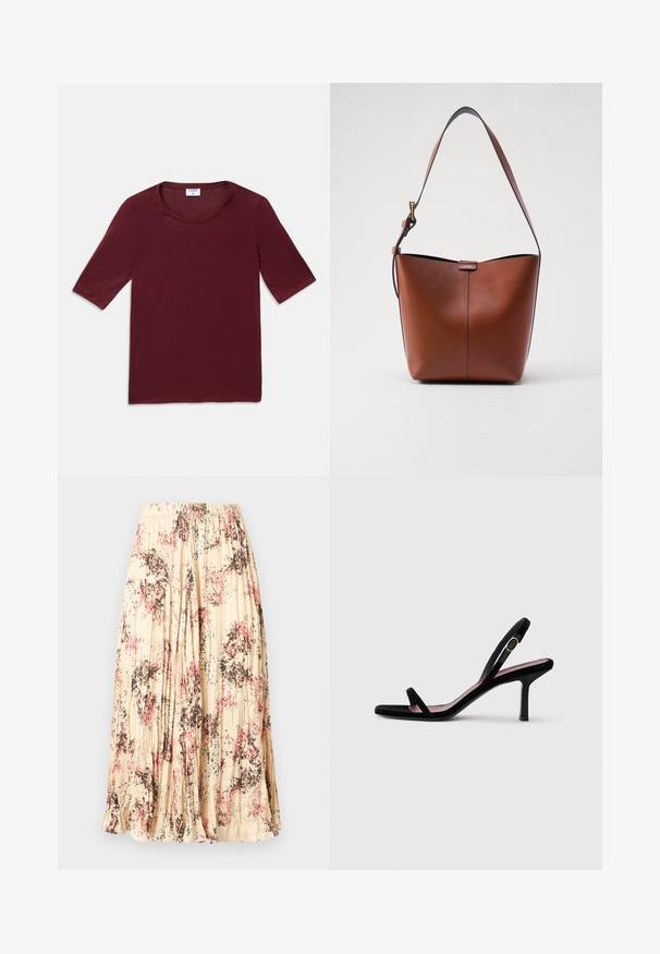 En enfärgad mörkröd kortärmad skjorta med rund halsringning, utlagd på en vit bakgrund.; Beige midikjol med veck och blommönster i rosa, svart och blått, med resår i midjan.; Svart mocka högklackad sandal för kvinnor med smala remmar och ett guldspänne på vit bakgrund, sidosyn.; Brun läderaxelväska med en böjd form, slät yta och ett enda tunt band. Har en subtil söm och en liten logotypdetalj.