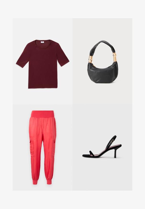Solid dark red short-sleeve shirt with a round neckline, laid flat on a white background.; Red satin jogger pants with a wide elastic waist, side pockets, and elastic cuffs at the ankles. Smooth finish with a slight shine.; Black suede women's high-heeled sandal with slim straps and a gold buckle on a white background, side view.; Black leather handbag with a round shape, soft texture, and a knotted handle featuring gold-tone hardware accents. Zipper closure.