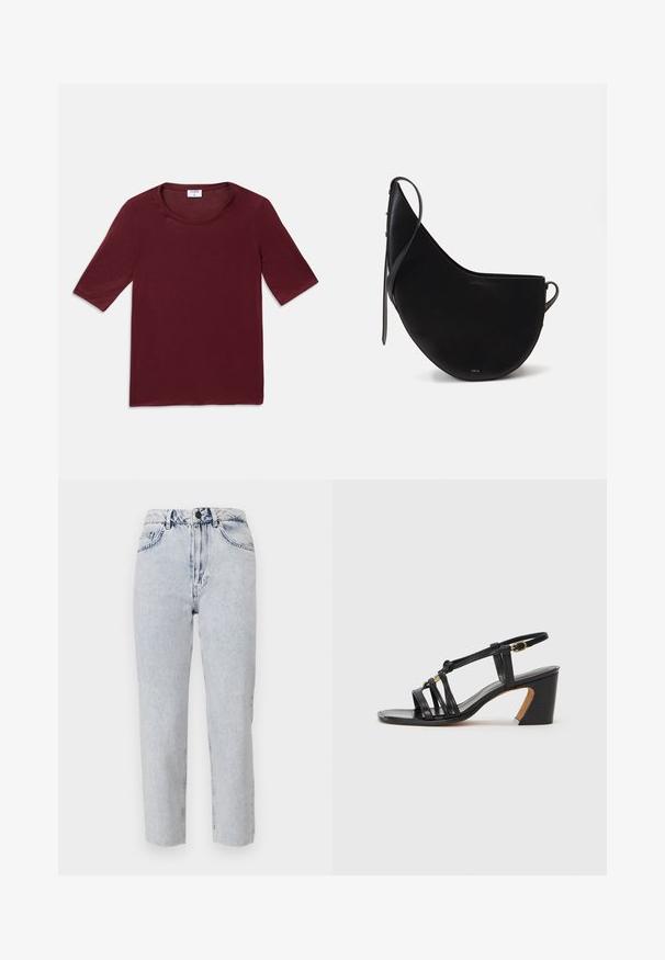 Vienkārša tumši sarkana īsām piedurknēm krekls ar noapaļotu kakla izgriezumu, novietots uz baltas fona.; Gai zila džinsu bikses ar taisnu kāju griezumu, augstu jostasvietu, priekšējām kabatām un jostu cilpiņām. Audums ir mīksts, ar nedaudz izbalējušu tekstūru.; Paul Smith AMIRA - Klasiski papēži - black; Melna ādas rokassomas ar izliekto Mēness formu, kas iekļauj šauru siksniņu un delikātu zelta zīmolu priekšpusē. Gluda tekstūra ar minimālu aparatūru.