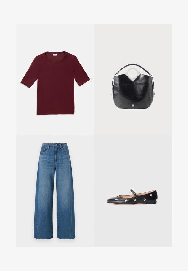 Cămașă scurtă de culoare roșie închisă, cu guler rotund, așezată plat pe un fundal alb.; Jeanși largi, de culoare albastră, cu o spălare medie, având talie înaltă, cinci buzunare și o ușoară denivelare. Realizați din denim cu o textură netedă.; Pantofii Mary Jane din piele neagră, cu vârful rotund, decorati cu nasturi circulari argintii și o curea ajustabilă cu cataramă.; Geantă din piele neagră cu o formă curbată, mânere superioare circulare și detalii cu logo argintiu. Textură netedă și un design notabil cu decupaje.