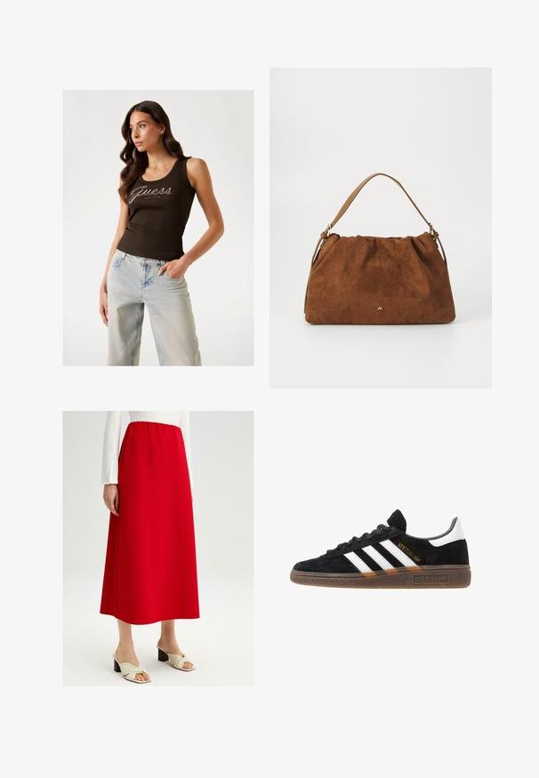 Brązowy, prążkowany top na ramiączkach z logo "Guess" w srebrnych zdobieniach, w połączeniu z jasnoniebieskimi szerokimi spodniami dżinsowymi.; Czerwona spódnica A-linii wykonana z gładkiego materiału z elastycznym paskiem w talii. Połączona z kremowymi butami na płaskiej podeszwie z węzłem.; Czarny sneaker Adidas z białymi paskami, złotym napisem "Spezial", gumową podeszwą i białym elementem przy pięcie, przedstawiony w widoku z profilu.; Brązowa torebka z zamszu o marszczonym wzorze, z pojedynczym paskiem w kolorze tan i subtelnym złotym logo z przodu.
