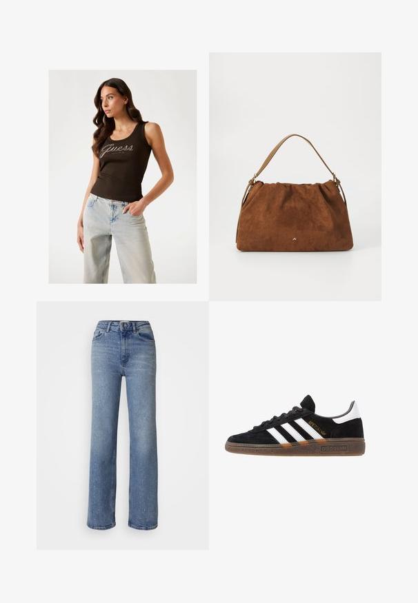 Hnědý žebrovaný tílko s logem "Guess" ve stříbrných aplikacích, spárované se světle modrými širokými džínami.; Světle modré široké džíny vyrobené z denimové tkaniny, zdobené rozptýlenými bílými dekoracemi, s vysokým pasem a standardním pěti-kapsovým designem.; Černé tenisky Adidas se bílými pruhy, zlatým textem "Spezial", gumovou podešví a bílou patní částí, zobrazené v bočním pohledu.; Hnědá semišová kabelka se skládáním, s jedním světlým koženým popruhem a decentním zlatým logem na přední straně.