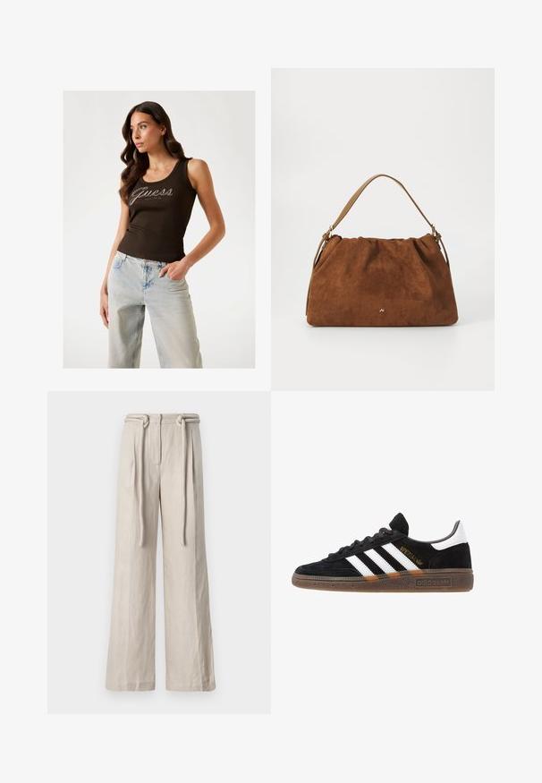 Débardeur marron côtelé avec le logo "Guess" en embellissements argentés, associé à un jean large bleu clair.; Pantalons larges en lin beige clair avec une taille haute, des plis avant et un détail de ceinture nouée. Texture lisse et coupe décontractée.; Baskets Adidas noires avec rayures blanches, inscription dorée "Spezial", semelle en gomme et languette blanche au talon, présentées en vue de profil.; Sac à main en daim marron avec un design plissé, arborant une seule sangle en cuir beige et un discret logo doré à l'avant.
