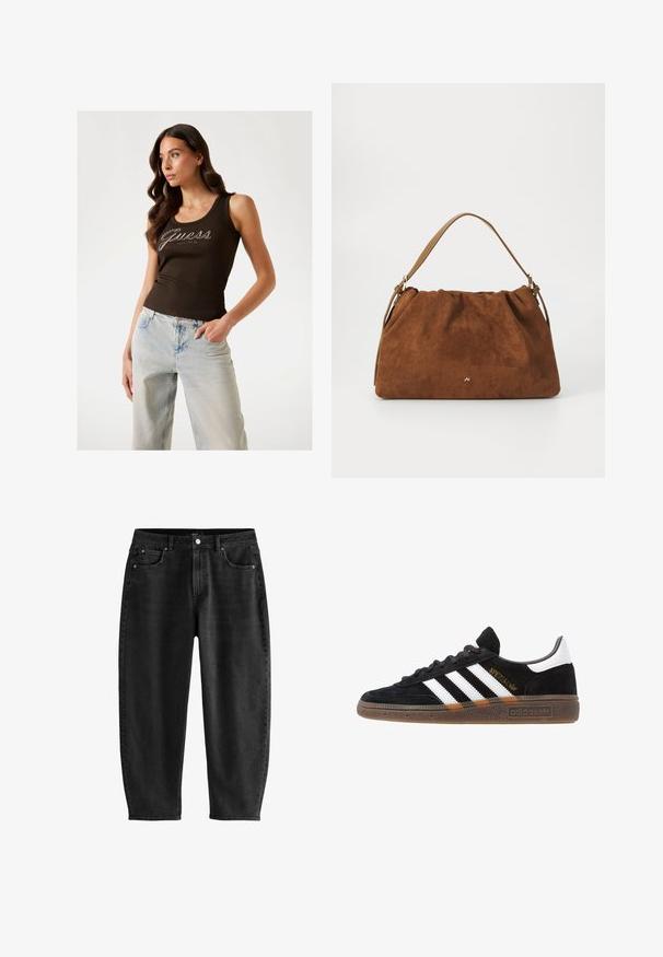 Bruine geribde tanktop met het 'Guess' logo in zilveren versieringen, gecombineerd met lichtblauwe wijde jeans.; Zwarte denim jeans met een relaxte pasvorm, voorzien van een klassiek vijfzakkenontwerp, een knoopgulp en subtiele stikdetails.; Zwarte Adidas sneaker met witte strepen, gouden "Spezial" tekst, gumzool en witte hieltab, weergegeven in zijaanzicht.; Bruine suède handtas met een geplooid ontwerp, voorzien van een enkele tan kleur leren schouderband en een subtiele gouden logo-detail aan de voorkant.
