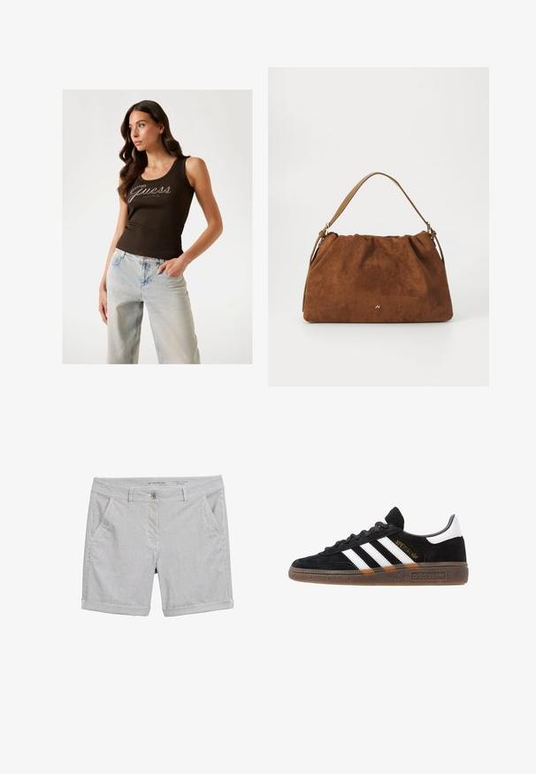 Bruine geribde tanktop met het 'Guess' logo in zilveren versieringen, gecombineerd met lichtblauwe wijde jeans.; Heren shorts, gestreept patroon in lichtgrijs en wit, katoenmateriaal, opgerolde manchetten, voorzakken en één knoopsluiting.; Zwarte Adidas sneaker met witte strepen, gouden "Spezial" tekst, gumzool en witte hieltab, weergegeven in zijaanzicht.; Bruine suède handtas met een geplooid ontwerp, voorzien van een enkele tan kleur leren schouderband en een subtiele gouden logo-detail aan de voorkant.