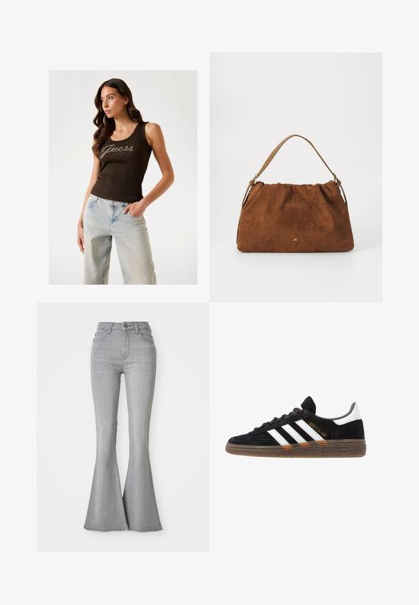 Ruda įribuota rankovėmis viršutinė su sidabriniais "Guess" logotipo papuošimais, derinama su šviesiai mėlynomis plačiomis kelnėmis.; Aukštos juosmens šviesiai pilki džinsai su platėjančiomis kojomis, priekyje mygtukas, užtrauktukas, taip pat priekinių ir galinių kišenių.; Juodos Adidas sportbačiai su baltais dryžiais, auksiniu „Spezial“ užrašu, guminėmis padais ir balta kulno juostele, rodomi šoninio vaizdo.; Ruda zomšos rankinė su susiraukšlėjimu, turinti vieną šviesiai rudos odos rankeną ir subtilų auksinį logotipo detalę priekyje.