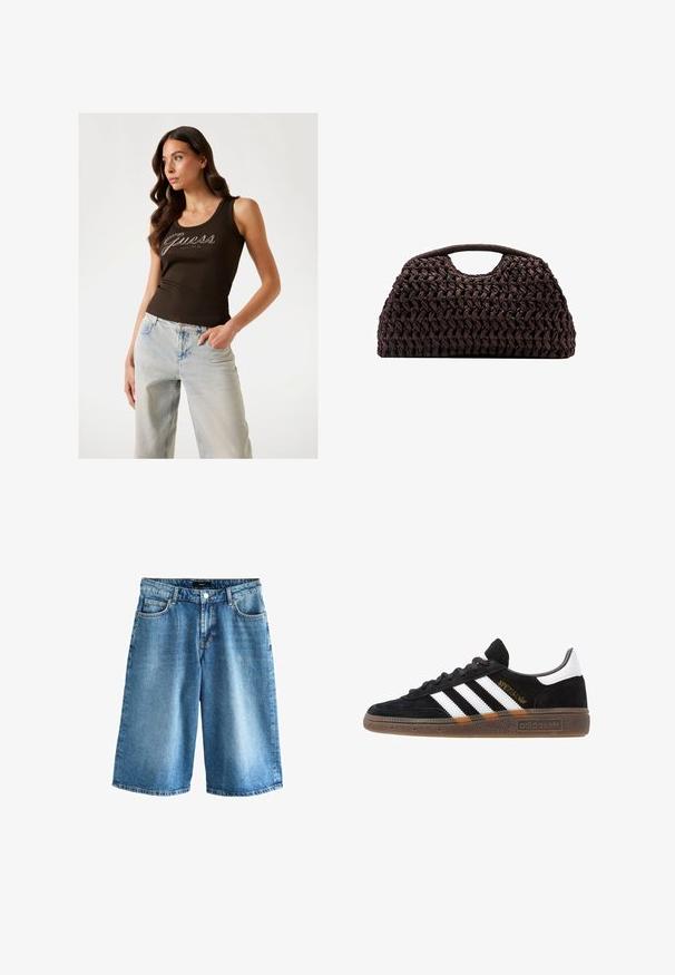 Brązowy, prążkowany top na ramiączkach z logo "Guess" w srebrnych zdobieniach, w połączeniu z jasnoniebieskimi szerokimi spodniami dżinsowymi.; Jasnoniebieskie szorty dżinsowe, o luźnym kroju, standardowym pięciopocketowym wzorze oraz pasie z zapięciem na guzik.; Czarny sneaker Adidas z białymi paskami, złotym napisem "Spezial", gumową podeszwą i białym elementem przy pięcie, przedstawiony w widoku z profilu.; Tkany brązowy torebka o zaokrąglonym kształcie, z górnym uchwytem i teksturowaną powierzchnią. Kompaktowy design z płaskim dnem zapewniającym stabilność.