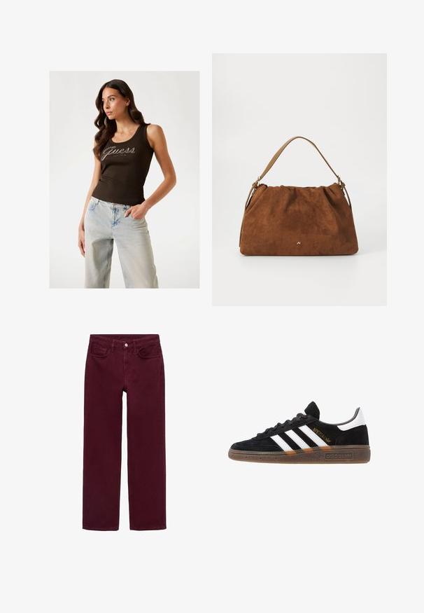 Top sin mangas marrón con relieve y logo de "Guess" en adornos plateados, combinado con unos jeans de pierna ancha en azul claro.; Vaqueros burdeos de algodón, con un diseño de pierna recta, estilo de cinco bolsillos y cierre de botón en la cintura.; Zapatilla negra de Adidas con franjas blancas, texto dorado "Spezial", suela de goma y talón blanco, mostrada en vista lateral.; Bolso de ante marrón con un diseño fruncido, que cuenta con una sola correa de piel marrón y un sutil detalle del logo dorado en la parte frontal.