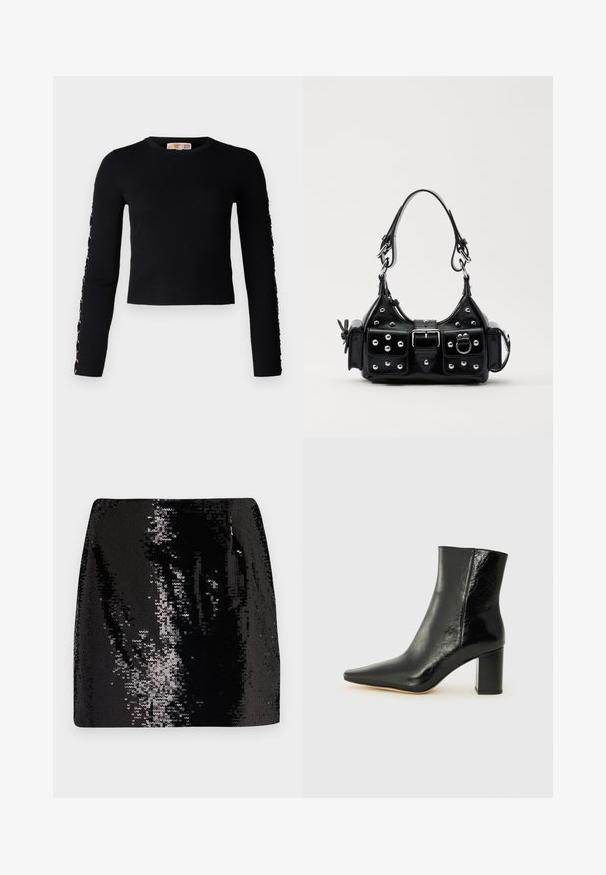 Impossibile generare il testo alternativo.; Mini gonna nera in paillettes con un design aderente, vita alta e texture lucida, caratterizzata da dettagli riflettenti e una silhouette elegante.; Stivale alla caviglia nero in pelle lucida con punta affusolata e tacco squadrato e corposo. Presenta una texture liscia e un design minimalista.; Borsa a mano in pelle nera con design curvo, caratterizzata da borchie argentate, una fibbia e due tasche laterali. Tracolla regolabile per diverse opzioni di trasporto.