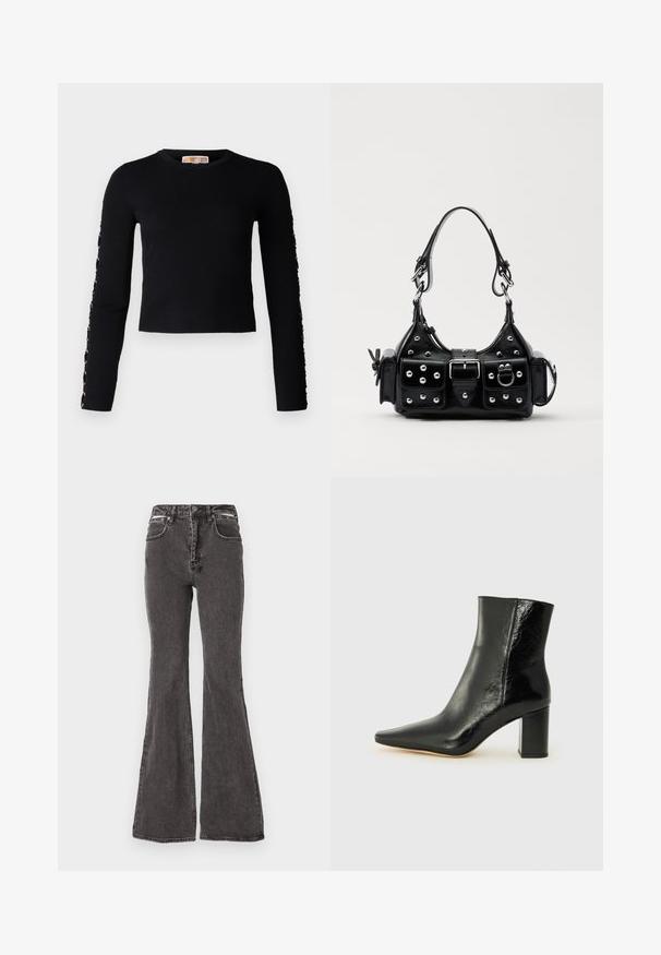 Failed to generate alt-text; Black flared jeans made of denim with a faded texture, featuring front pockets, belt loops, and metal accent hardware at the waist.; Black ankle boot made of glossy leather with a pointed toe and a chunky, square heel. Features a smooth texture and minimalistic design.; Black leather handbag with a curved design, featuring silver studs, a buckle, and two side pockets. Adjustable strap for carrying options.