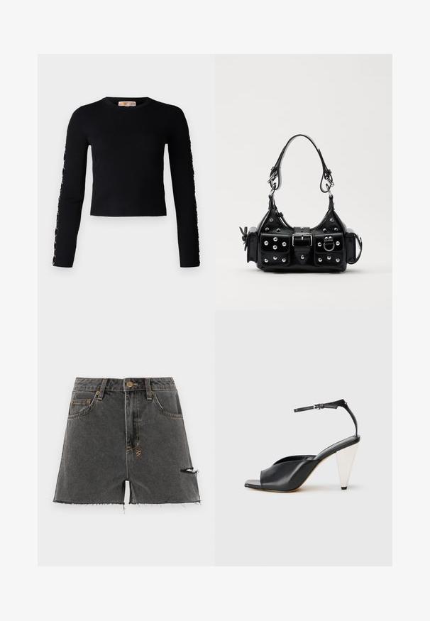 Failed to generate alt-text; Denim shorts in dark grey with frayed hem, distressed details, and contrasting yellow stitching. Features traditional pockets and a front button.; Black leather high heel sandal with open toe, asymmetrical design, ankle strap, and a metallic cone-shaped heel. Smooth texture throughout.; Black leather handbag with a curved design, featuring silver studs, a buckle, and two side pockets. Adjustable strap for carrying options.