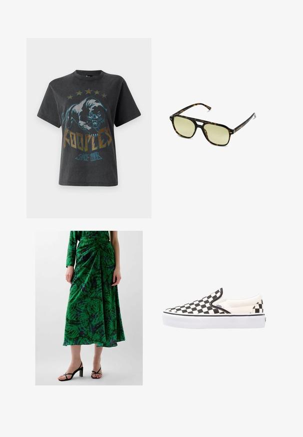 Maglietta nera a maniche corte con una grande grafica di un pantera, stelle sopra e la scritta "KOOPLE" con "SINCE 2013" in colori a contrasto.; Gonna verde a fantasia con un design arricciato, realizzata in tessuto leggero. Presenta accentuazioni viola e nere. Indossata con sandali neri con tacco.; Scarpe Vans slip-on a scacchi bianchi e neri con tomaia in canvas, suola in gomma e colletto imbottito. Punta piatta e rotonda con dettagli bianchi sulla suola.; Occhiali da sole tartaruga con forma rettangolare, lenti con tonalità verde e montatura in acetato decorata. Presentano dettagli metallici vicino alle lenti.; Borsa a mano in pelle scura con due tasche frontali, una fibbia centrale e hardware in tono oro. Texture liscia con una silhouette curva.