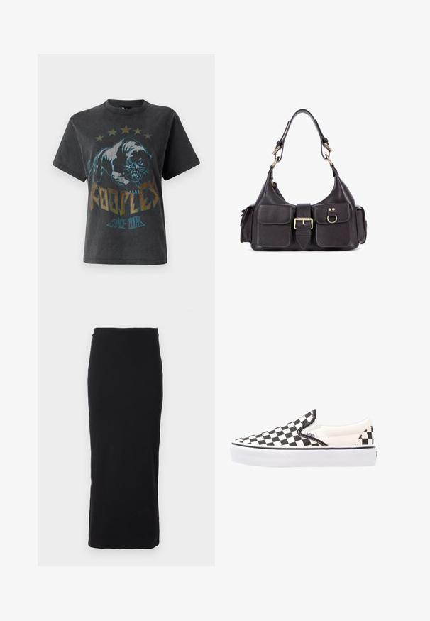 Un t-shirt noir à manches courtes avec un grand motif représentant un panthère, des étoiles au-dessus et le texte "KOOPLE" avec "SINCE 2013" dans des couleurs contrastantes.; Jupe noire, côtelée, arrivant au genou, ajustée avec une taille élastique ; texture lisse et design simple, sans embellissements.; Chaussures Vans à enfiler en damier noir et blanc avec une tige en toile, une semelle en caoutchouc et un col rembourré. Bout rond plat avec des accents de semelle blancs.; Sac en cuir noir avec deux poches avant, une boucle centrale et des éléments en métal doré. Texture lisse avec une silhouette arrondie.