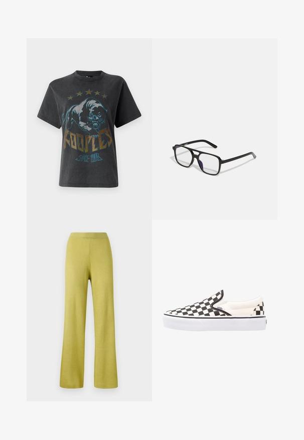Un t-shirt noir à manches courtes avec un grand motif représentant un panthère, des étoiles au-dessus et le texte "KOOPLE" avec "SINCE 2013" dans des couleurs contrastantes.; Pantalons en tricot côtelé jaunes avec une coupe décontractée, des jambes larges et une taille élastique. La texture semble douce et extensible.; Chaussures Vans à enfiler en damier noir et blanc avec une tige en toile, une semelle en caoutchouc et un col rembourré. Bout rond plat avec des accents de semelle blancs.; Lunettes rectangulaires noires avec des verres transparents et une subtile teinte violette, dotées de branches élégantes et d'un design minimaliste.; Sac en cuir noir avec deux poches avant, une boucle centrale et des éléments en métal doré. Texture lisse avec une silhouette arrondie.