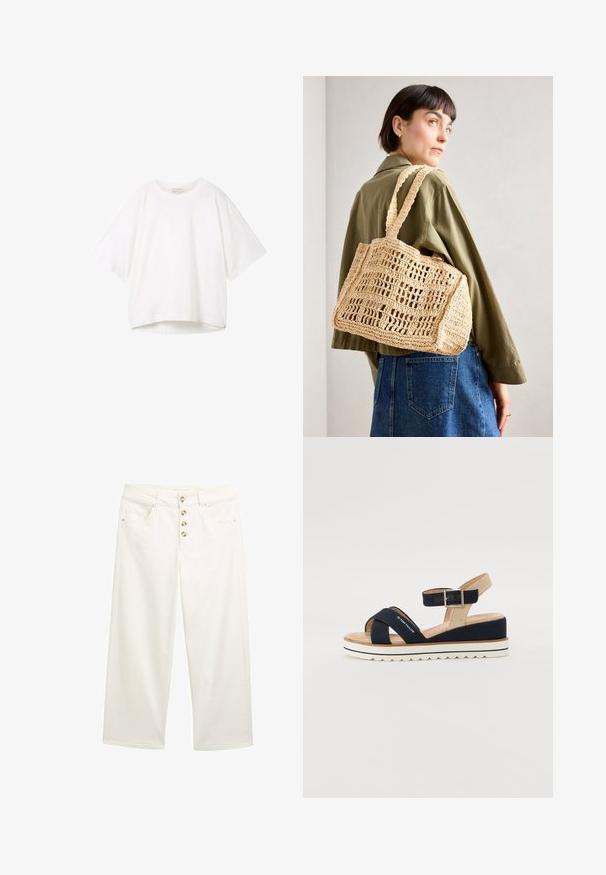 Biely krátky rukáv tričko s okrúhlym výstrihom, voľným strihom a mierne zakriveným lemom. Vyrobené z hladkej, mäkkej tkaniny s minimálnymi švami.; Biele široké džínsy s piatimi gombíkovými zapínaniami, prednými vreckami a hladkou textúrou. Rovné nohavice s čistými okrajmi a jemnými detailmi šitia.; Námornícka modrá sandála s dvoma textilnými popruhmi, nastaviteľným popruhom na členku a textúrovaným béžovým zázemím. Hrubá, biela, vlnitá podošva. Značka potlačená na popruhu.; Hnedá pletená taška s croché vzorom, obdĺžnikového tvaru, s dvoma širokými uchami a otvoreným mriežkovým vzorom. Dizajn obsahuje textúrovanú látku a priestranný interiér.