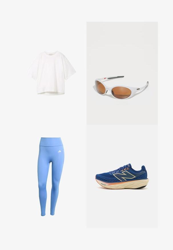 T-shirt bianco a maniche corte con scollo rotondo, vestibilità comoda e orlo leggermente curvo. Realizzato in un tessuto liscio e morbido con cuciture minime.; Leggings sportivi blu realizzati in tessuto elasticizzato. Design a vita alta, con un logo Adidas bianco sul lato sinistro. Texture liscia.; Scarpa da corsa blu con tomaia in mesh traspirante, colletto imbottito e suola ammortizzata con accento arancione. Visibile il marchio "Fresh Foam".; Occhiali da sole bianchi con lenti marroni, forma ovale, realizzati in plastica liscia, con dettagli grigi sulle aste e un logo sulla montatura.