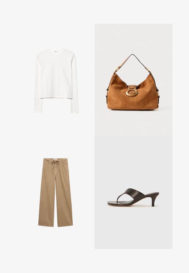 Bijela pamučna majica dugih rukava s okruglim izrezom, skraćeni dizajn, glatka tekstura i minimalistički izgled. Nema vidljivih logotipa ili uzoraka.; Bež hlače širokih nogavica s pojasom na vezanje, s dva prednja džepa i mekom, teksturiranom tkaninom.; Smeđe lažne zmijske kožne sandale s potpeticom s dizajnom između prstiju i kvadratnim vrhom. Potpetica je visoka otprilike 5 centimetara, s glatkom završnom obradom.; Smeđa suknja sa zaobljenim oblikom, zlatnim metalnim kopčom i kontrastnim crnim obrubom. Ima jednu naramenicu za nošenje.
