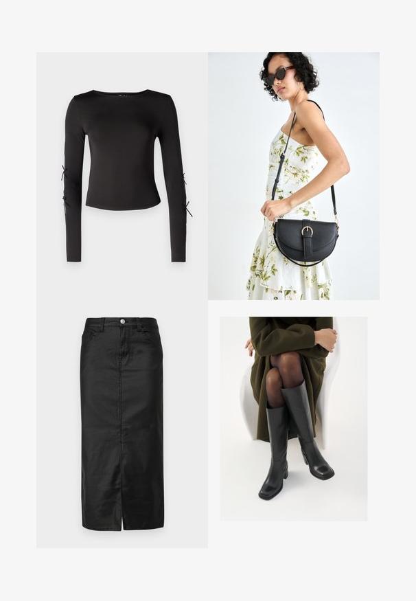 Camisola preta de manga longa com um decote redondo. Apresenta laços ajustáveis nas mangas, confecionada em um tecido liso e elástico.; Saia midi de denim preto com fenda na frente, design de cinco bolsos e fecho de botão metálico. Textura suave e forma reta clássica.; Botas de couro pretas até ao joelho com biqueira quadrada e salto em bloco, apresentadas com um modelo sentado num casaco verde-azeitona. Textura lisa, com detalhes mínimos.; Bolsa de couro preta com forma curva, alça destacável e detalhes em dourado. A bolsa possui uma aba com detalhe de fivela.