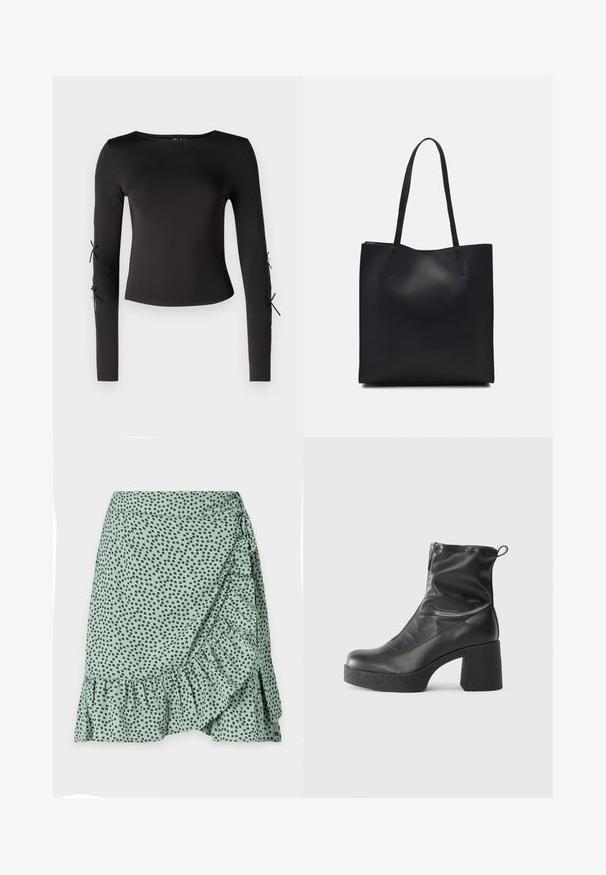 Must have pikkade varrukatega must topp ümmarguse kaelusega. Varukatel on reguleeritavad sidemed, valmistatud sujuvast ja venivast kangast.; Roheline kangast seelik, millel on mustade täppide muster, volangäär ja külgmine mähise disain. Sile tekstuur ja kerge materjal.; Mustad mustad ansapüksid, mis on valmistatud siledast nahast, külje zipperiga, paksu tekstuuriga kontsaga ja ümmarguse nina disainiga.; Mustast nahast kott sujuva tekstuuriga, ristkülikukujuline ja kahe pika sangaga. Pole nähtavat riistvara ega kaunistusi.