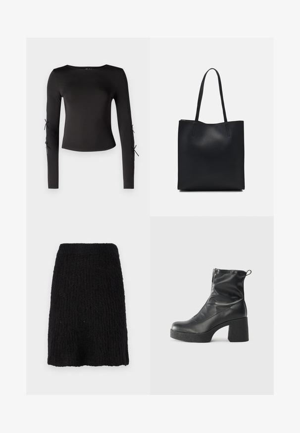 Black long-sleeve top with a round neckline. Features adjustable ties at the sleeves, crafted from a smooth, stretchy fabric.; Black knitted skirt with a textured pattern, mid-length, and wide waistband. Material appears soft with a slightly fuzzy surface.; Black ankle boots made of smooth leather, featuring a side zipper, chunky textured heel, and rounded toe design.; Black leather tote bag with smooth texture, rectangular shape, and two long handles. No visible hardware or embellishments.
