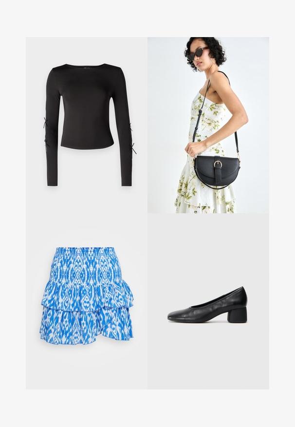 Camisola preta de manga longa com um decote redondo. Apresenta laços ajustáveis nas mangas, confecionada em um tecido liso e elástico.; Saia rodada em camadas azul e branca com cós franzido, apresentando um padrão abstrato em tecido leve.; Sapato de salto preto em couro com bico arredondado e salto médio bloco. Textura suave com detalhes mínimos, apresentando uma abertura elástica discreta.; Bolsa de couro preta com forma curva, alça destacável e detalhes em dourado. A bolsa possui uma aba com detalhe de fivela.