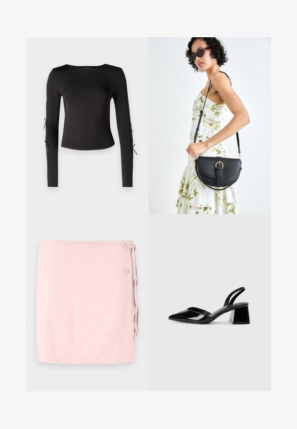 Top noir à manches longues avec un col rond. Présente des liens ajustables aux manches, fabriqué dans un tissu lisse et extensible.; Jupe enveloppante rose clair en lin avec une texture lisse, dotée de deux boutons sur les côtés et d'un lien ajustable. Design épuré et simple.; Escarpins en cuir verni noir avec bout pointu et talon bloc géométrique. Présente un design élégant et minimaliste ainsi qu'une texture lisse.; Sac à main en cuir noir avec une forme courbée, bandoulière amovible et des accessoires en or. Le sac est doté d'un rabat avec un détail de boucle.