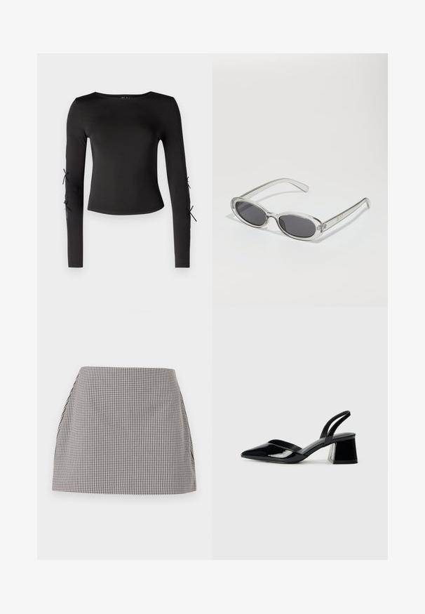 Crna majica dugih rukava s okruglim izrezom. Ima podesive vezice na rukavima, izrađena je od glatkog, rastezljivog materijala.; Suknja s crno-bijelim kariranim uzorkom, ravnog kroja, s nabranim stranama i glatkom teksturom. Tkanina ima mali karirani uzorak.; Crne lakirane kožne sandale s otvorenom petom i špicastim vrhom, s geometrijskom blok petom. Imaju elegantan, minimalistički dizajn i glatku teksturu.; Naočale u ovalnom obliku, okvir od prozirne plastike, tamno sivi leće i tanke prozirne ručke s logotipom i minimalnim detaljima.