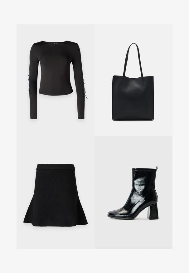 Juodas ilgomis rankovėmis marškinėliai su apvaliu iškirpimu. Savybės - reguliuojamos raišteliai ant rankovių, pagaminti iš lygaus, tamprios medžiagos.; Juoda megzta sijonas su pleištiniu kraštu, su įrimuotu juosmeniu. Tekstūra lygi, be matomų raštų ar akcentų.; Juodas patentuotas kulkšninis botą su kvadratiniu pirštu ir stambiu geometriniu kulnu. Pristatomas lygus, blizgus paviršius ir užpakalinė kilpa, skirta patogiam apsiaustimui.; Juodas odinis tote krepšys su lygia tekstūra, stačiakampio formos ir dviem ilgais rankenomis. Matomų metalinių detalių ar puošybos nėra.