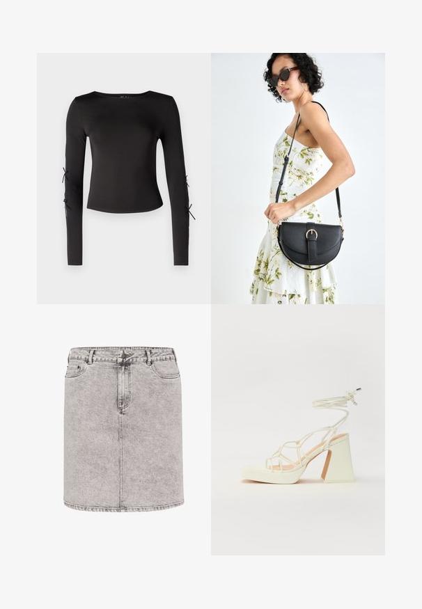 Crna majica dugih rukava s okruglim izrezom. Ima podesive vezice na rukavima, izrađena je od glatkog, rastezljivog materijala.; Traper suknja svijetlosive boje, s oblikom olovke, prednjim džepovima i vidljivim detaljima šivanja. Materijal ima blago teksturiranu završnu obradu.; Bijela sandala na visokoj potpetici s debelim petom, s remenom i vezanjem oko gležnja. Glatka tekstura s platformom sprijeda za dodatnu visinu.; Crna kožna torba s lukovitim oblikom, odvojivim remenom i zlatnim detaljima. Torba ima preklop s kopčom.