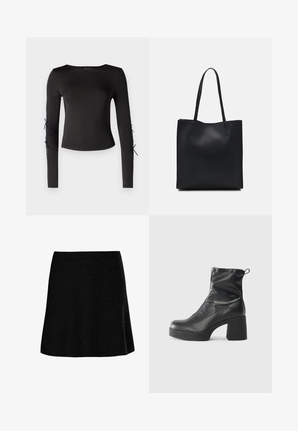 Top negru cu mânecă lungă și guler rotund. Dispune de legături ajustabile la mâneci, realizat dintr-un material neted și elastic.; Fustă neagră în linie A, realizată dintr-un material texturat și moale. Are o talie croită și o siluetă evazată, oferind un aspect elegant și casual.; Bocanci negri de glezna din piele netedă, cu fermoar lateral, toc texturat și masiv, și design cu vârf rotund.; Geantă tote neagră din piele, cu textură netedă, formă rectangulară și două mânere lungi. Fără hardware vizibil sau ornamente.