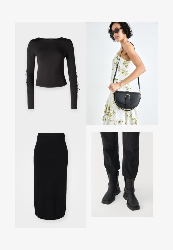 Melna, garām piedurknēm, blūze ar apaļu kakla izgriezumu. Piedurknēm ir regulējami sasiešanas mezgli, izgatavota no gludas, elastīgas auduma.; Melna ceļa garuma svārki, izgatavoti no mīksta auduma, ar pieguļošu dizainu un platām, elastīgām jostasvietām ērtai nēsāšanai.; Melnas ādas potīšu zābaki ar kvadrātveida purngalu, ar plašu jostu un metāla sprādzi. Zābakiem ir masīva zole un gluda virsma.; Melnas ādas rokassoma ar izliekta formu, noņemamu siksnu un zelta aksesuāriem. Somai ir vāciņš ar sprādzes detaļu.