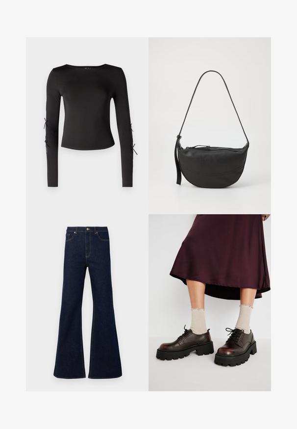 Top noir à manches longues avec un col rond. Présente des liens ajustables aux manches, fabriqué dans un tissu lisse et extensible.; Jean en denim bleu foncé évasé, doté d'une taille haute, de poches avant et de surpiqûres dorées. Texture douce avec une coupe traditionnelle.; Chaussures en cuir brun à plateforme avec des semelles épaisses noires, associées à des chaussettes beiges côtelées avec des bords festonnés, sur un fond neutre.; Sac à bandoulière en cuir noir avec une forme incurvée, une seule bandoulière, une fermeture éclair et des détails de couture subtils le long du corps.