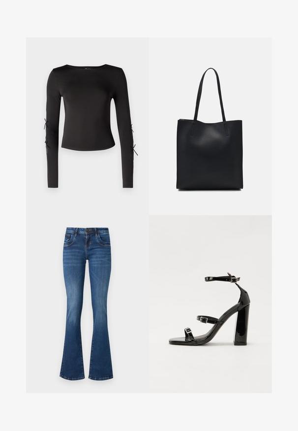 Svart langermet topp med rund hals. Har justerbare strømper ved ermene, laget av et glatt, strekkbart stoff.; Ullsittende blå denim jeans med middels vask, som har et klassisk fem-lommers design, subtile slitasjer og forsterkede sømmer.; Svart høyglans sandaler med hæl, firkantet tå, ankelremmer og sølvspenner. Har en kraftig blokkhæl for stabilitet.; Svart lær tote bag med glatt tekstur, rektangulær form og to lange håndtak. Ingen synlige deler eller dekorasjoner.