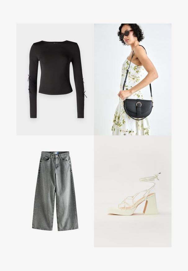 Črni dolg rokav s krožnim izrezom. Ima nastavljive zavezave na rokavih, izdelan iz gladkega, elastičnega materiala.; Široke jeans hlače iz bledega sivega denim materiala, ki imajo visok pas, pet žepov in subtilne detajle whiskering.; Bela sandala na visokih petah s debelim petam, ki ima obliko trakcev in vezanje okoli gležnja. Gladka tekstura z platformo spredaj za dodatno višino.; Črna usnjena torbica s ukrivljeno obliko, z odstranljivo naramnico in zlatimi dodatki. Torbica ima pokrov s podrobnostmi v obliki zaponke.