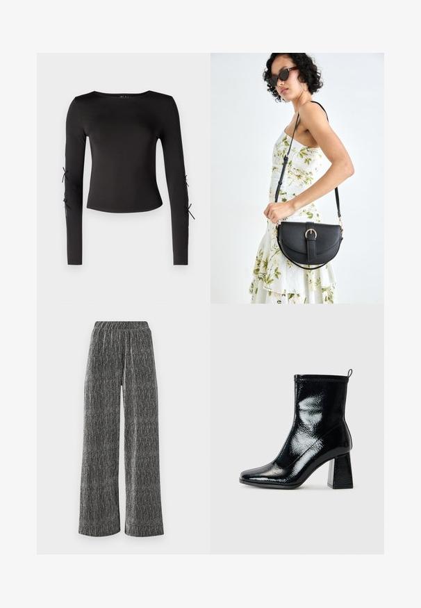 Juodas ilgomis rankovėmis marškinėliai su apvaliu iškirpimu. Savybės - reguliuojamos raišteliai ant rankovių, pagaminti iš lygaus, tamprios medžiagos.; Plačios kelnės juodos ir sidabrinės tekstūros medžiagoje, su prigludusia elastine juosta ir vertikaliomis juostelėmis.; Juodas patentuotas kulkšninis botą su kvadratiniu pirštu ir stambiu geometriniu kulnu. Pristatomas lygus, blizgus paviršius ir užpakalinė kilpa, skirta patogiam apsiaustimui.; Juodas odinis krepšys su išlenkta forma, nuimamu dirželiu ir auksiniais detalėmis. Krepšys turi kilpą su sagtimi.