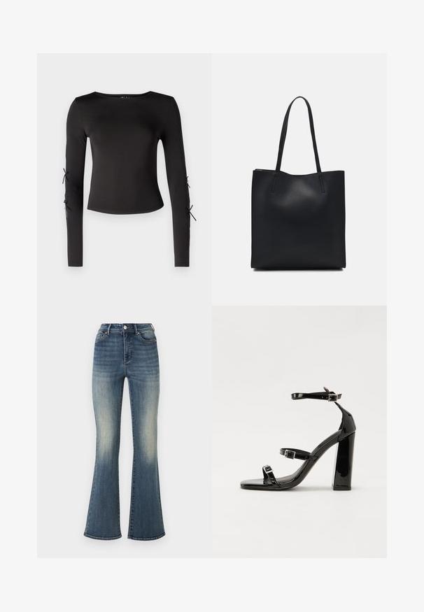 Camisola preta de manga longa com um decote redondo. Apresenta laços ajustáveis nas mangas, confecionada em um tecido liso e elástico.; Calças jeans azuis boca de sino feitas de denim, com uma cintura alta, desbotamento leve e um corte reto desde o quadril até ao joelho, alargando na bainha.; Sandálias de tacão preto laqueadas com bico quadrado, tiras para o tornozelo e fivelas prateadas. Apresentam um salto bloco chunky para estabilidade.; Bolsa tote preta em couro com textura lisa, forma retangular e duas alças longas. Sem hardware ou enfeites visíveis.