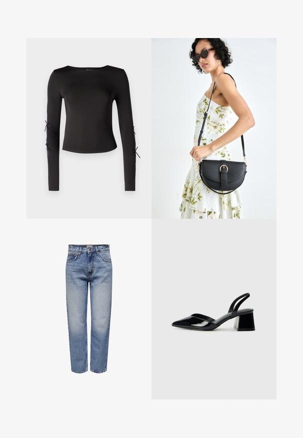 Must have pikkade varrukatega must topp ümmarguse kaelusega. Varukatel on reguleeritavad sidemed, valmistatud sujuvast ja venivast kangast.; Heledad sinise denimi püksid, millel on lõdvestatud sobivus, viie taskuga disain, nööbiga kinnitamine ja kulunud alad vintage välimuse saavutamiseks. Sirge jalgade lõige.; Mustad musta lakknahk kingad, millel on terav varvas ja geomeetriline plokkkonts. Omab elegantselt minimalistlikku disaini ja sujuvat tekstuuri.; Mustmust mustraha kõverate joontega, eemaldatava rihmaga ja kuldsete detailidega. Kotil on klapp, millel on pandladetail.