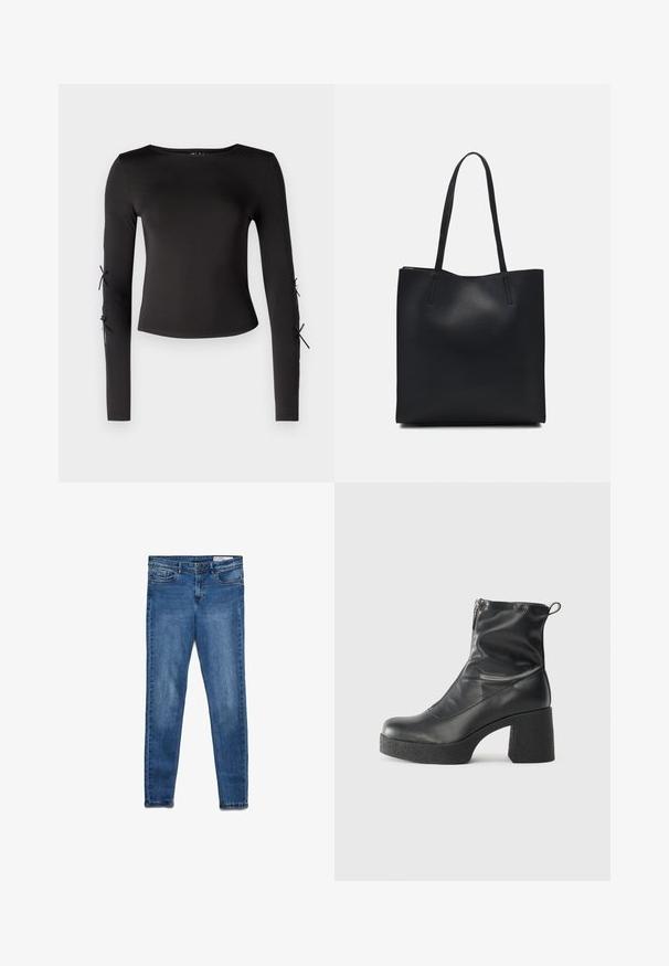 Fekete, hosszúujjú felső kerek nyakkivágással. Az ujjaknál állítható kötőkkel készült, sima, rugalmas anyagból.; Sötétkék farmernadrág klasszikus skinny szabással. Öt zsebbel, cipzáras sliccel és finom kopással a textúra érdekében.; Fekete bokacsizmák sima bőrből, oldalsó cipzárral, vastag, texturált sarkú és lekerekített orrú dizájnnal.; Fekete bőrtáska sima felszínnel, téglalap alakú, két hosszú füllel. Nincs látható fémkiegészítő vagy díszítés.