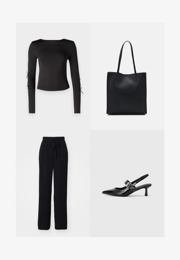 Black long-sleeve top with a round neckline. Features adjustable ties at the sleeves, crafted from a smooth, stretchy fabric.; Black, wide-leg pants made of soft fabric. Features a tied waistband and a relaxed fit, with no visible patterns or accents.; Black patent leather slingback heels with a pointed toe and a small block heel, featuring a silver buckle accent on the strap.; Black leather tote bag with smooth texture, rectangular shape, and two long handles. No visible hardware or embellishments.