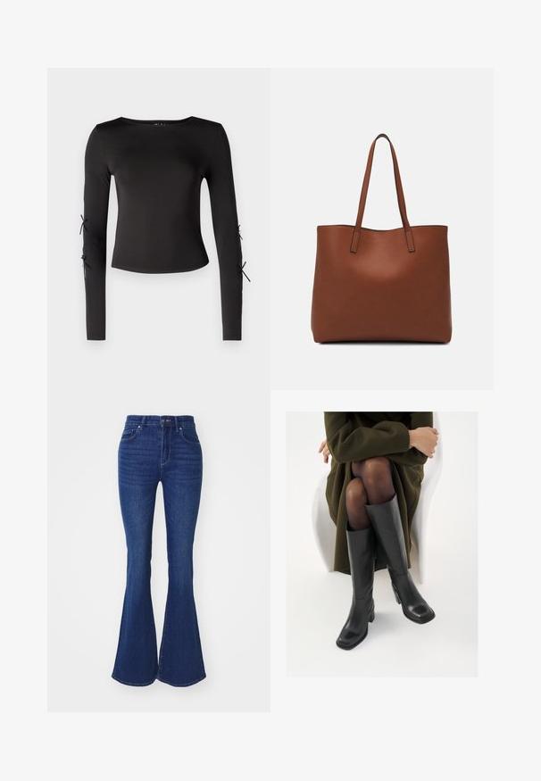Camisola preta de manga longa com um decote redondo. Apresenta laços ajustáveis nas mangas, confecionada em um tecido liso e elástico.; Calças de ganga escuras de cintura alta, com corte flare, cinco bolsos e passantes para cinto. Textura suave com detalhes de costura subtil.; Botas de couro pretas até ao joelho com biqueira quadrada e salto em bloco, apresentadas com um modelo sentado num casaco verde-azeitona. Textura lisa, com detalhes mínimos.; Bolsa tote de couro castanho com uma textura suave, design de abertura superior e duas alças para o ombro. Apresenta costura mínima e sem hardware visível.