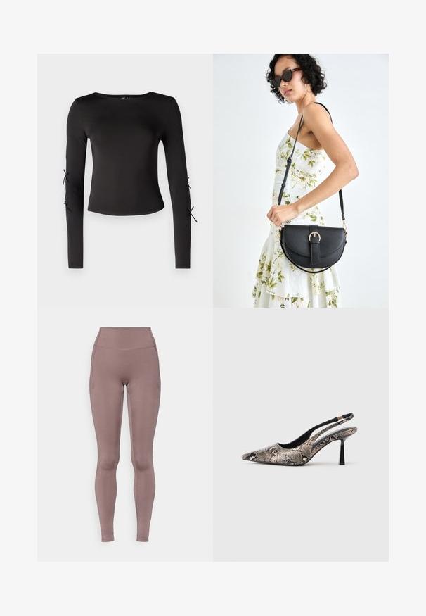 Melna, garām piedurknēm, blūze ar apaļu kakla izgriezumu. Piedurknēm ir regulējami sasiešanas mezgli, izgatavota no gludas, elastīgas auduma.; Augsta vidukļa legingi mīkstā mauves krāsā, izgatavoti no elastīga auduma ar plakaniem šuvēm un sānu kabatām. Gluda tekstūra un pieguļošs dizains.; Punktēti purngalu slingback apavi, kas izgatavoti no teksturētas čūsku drukas materiāla, ar plānu melnu papēdi un izgriezumu dizainu sānos.; Melnas ādas rokassoma ar izliekta formu, noņemamu siksnu un zelta aksesuāriem. Somai ir vāciņš ar sprādzes detaļu.